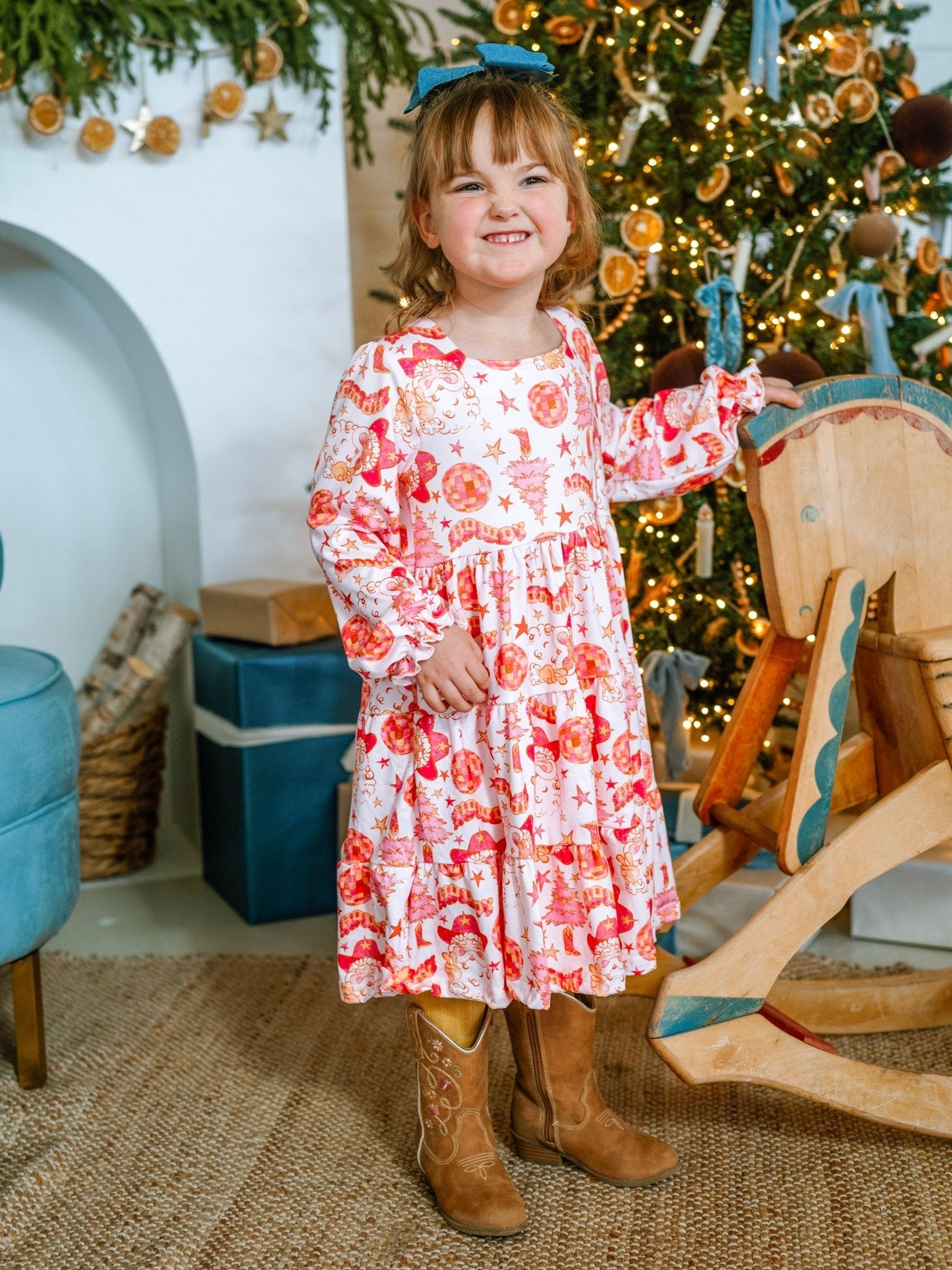Pink Western Santa Holiday Twirl Dress Pink Western Santa Holiday Twirl Dress