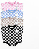 Short Sleeve Bubble Romper | Checkered Smiley Blue