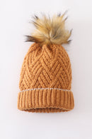 Camel cross cable knit pom pom beanie hat baby toddler adult