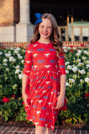 SMU Red Mustang 3/4 Sleeve Pocket Twirl Dress