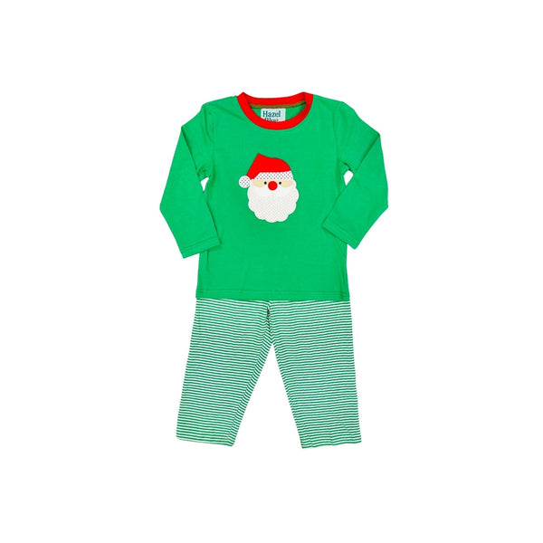 Hazel Blue Green Stripe Pant Set with Santa Applique