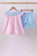Pink seersucker animal smocked ruffle shorts set