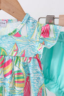Blue sailboat print ruffle bloomer set