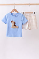 Blue puppy french knot stripe shorts set