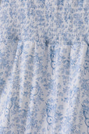 Navy smocked floral puff sleeve dress