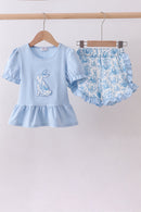 Blue bunny applique ruffle shorts set