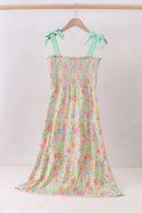 Pink floral smocked tiered dress