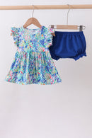Blue floral print ruffle bloomer set