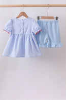 Blue flag smocked ruffle shorts set
