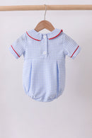 Blue flag smocked peter pan collar gingham bubble