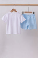 Blue flag smocked jacquard shorts set