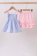 Blue Stripe Bow Smocked Ruffle Shorts Set