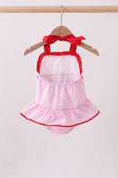 Pink stripe seersucker strawberry smocked one-piece swimsuit