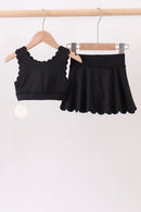 Black Scalloped Yoga Skorts Set