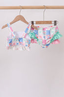 Green Bow Checkered Ruffle 2pc Swimsuit