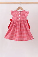 Red Apple Bow Smocked Gingham Dress