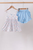 Blue Floral Smocked Ruffle Shorts Set