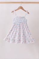 Blue Floral Smocked Ruffle Dress