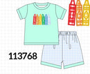 Mint Crayon Applique Gingham Shorts Set