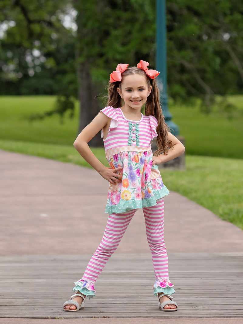 Pink Stripes & Flowers Ruffled Leggings Set