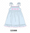 Blue Bow Embroidered Stripe Ruffle Dress