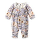 Blue Floral Vintage Linen Baby Romper With Lace Collar