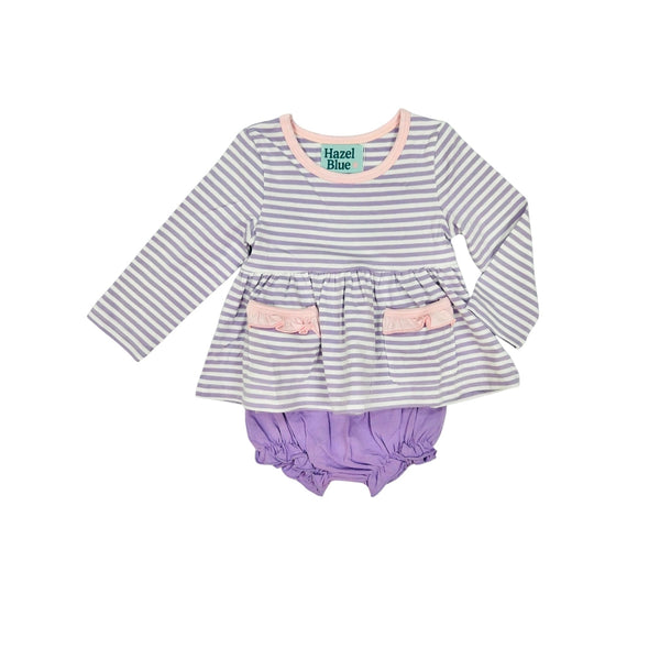 Hazel Blue Purple Stripe Bloomer Set with Ruffle Pockets