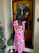 Umgee Floral Maxi Dress – Ruffle Sleeve Watercolor Print (Size Large)