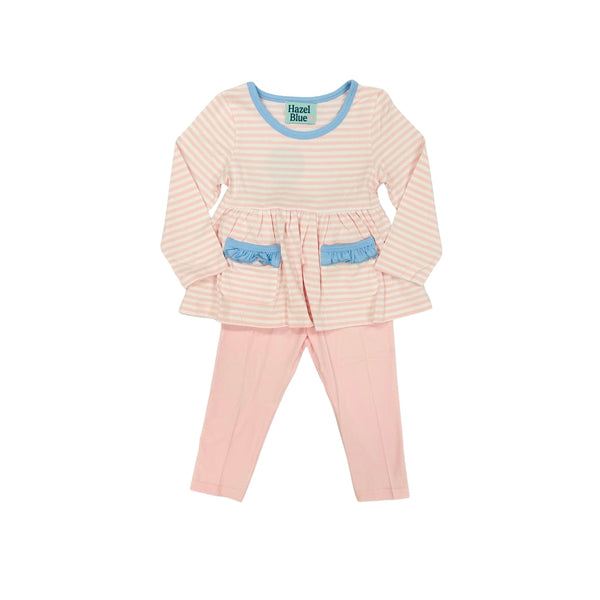Hazel Blue Pink Stripe Legging Set with Ruffle Pockets