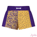 Azarhia Tigers Paws & Stripes Color Block Girls Shorts | Purple & Gold Game Day Athletic Shorts