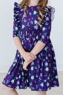 Violets in Bloom 3/4 Sleeve Ruffle Twirl Dress