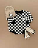 Bubble Romper | Checkered Smiley Black