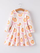 PREORDER Fall Halloween & Thanksgiving Pumpkin Bow Print Long Sleeve Dress