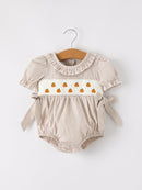 Fall Halloween & Thanksgiving Pumpkin Embroidery Smock Plaid Baby Girl Romper