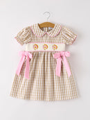Fall Thanksgiving Lapel Plaid Chick Embroidery Smocking Bow Baby Girls Dress