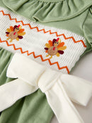 Fall Thanksgiving Chicken Smock Embroidered Green  Baby Girl Romper