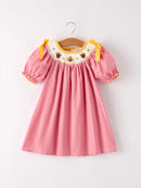 Fall Thanksgiving Turkey Leaf Embroidery Smocking Bow Girls Dress