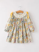 Fall  Embroidery Smocking Bow Floral Leaf Baby Girls Dress