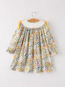 Fall  Embroidery Smocking Bow Floral Leaf Baby Girls Dress