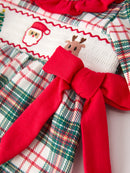 Christmas Plaid Smocking Embroidered Girls Bloomers Romper Set