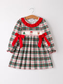Christmas Embroidery Smocking Bow Plaid Girls Dress