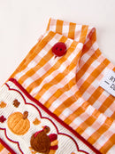 Fall Turkey Embroidered Romper for Baby Boys – Orange Checkered with Thanksgiving Details