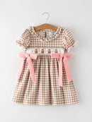 Christmas Vintage-Style Plaid Dress with Embroidered Gingerbread and Bows
