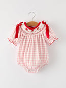 Pink Gingham Christmas Baby Girls Romper: Santa Embroidery with Red Satin Ribbon