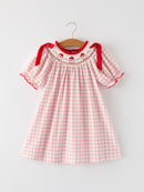 Pink Gingham Christmas Girls Dress: Santa Embroidery with Red Satin Ribbon