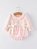 Pink Plaid Ruffle Ballet Shoe Embroidery Long Sleeve Romper