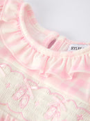 Pink Plaid Ruffle Ballet Shoe Embroidery Long Sleeve Romper
