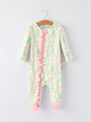 Christmas Tree Wreath Print Long Sleeve Zip Baby Girls Romper