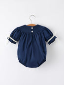 Navy Blue Nativity Smocking Embroidered Baby Girls Christmas Romper