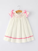 Spring White Girls Dress with Pink Bow Embroidery